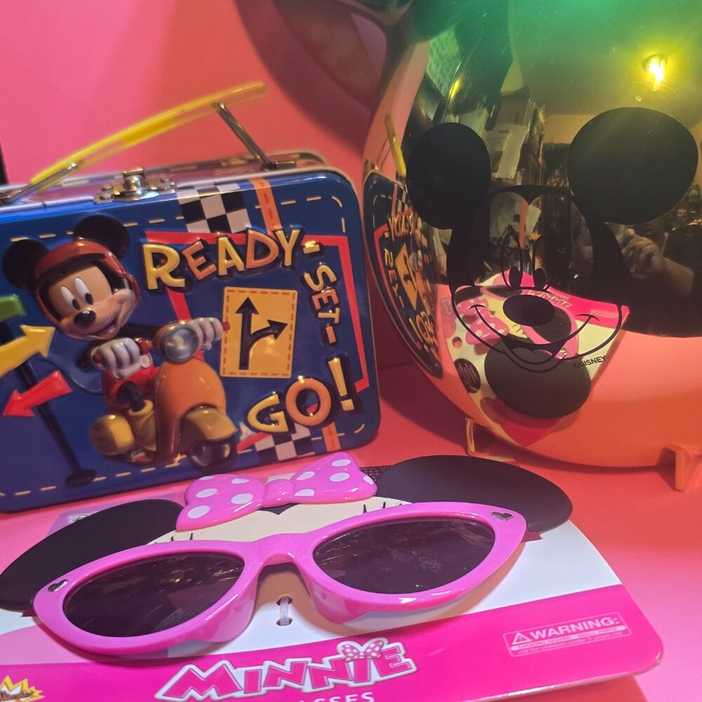 DIsney Trio Popcorn Bucket + Disney Sunglasses and New Mickey metal Box ALL NEW!